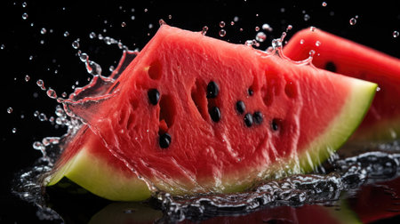 mouthwatering allure of a juicy red watermelon slice as it glistens with splashing water. Dive into summertime refreshment.の素材