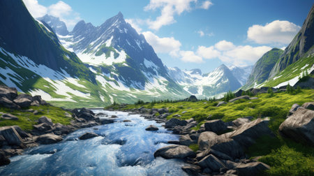 enchanting natural beauty of Norway's fjords and mountains in a captivating image. serenity of Nordic wilderness. allure of untamed nature.の素材