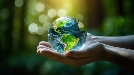 importance of global cooperation and Earth preservation with an image of a hand gently holding the world. We all share this planetの素材