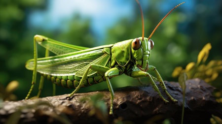 vibrant world of a grasshopper perched on a lush leaf, showing the marvels of wildlife in its natural habitatの素材