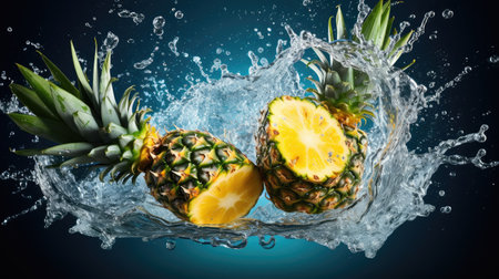 essence of summer with a close-up view of juicy pineapple slices surrounded by invigorating water splashes. Tropical delightsの素材