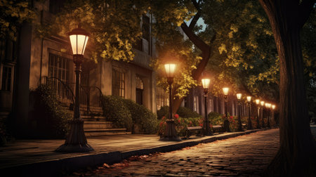 romance of a peaceful alley lined with vintage lanterns and overhanging treesの素材
