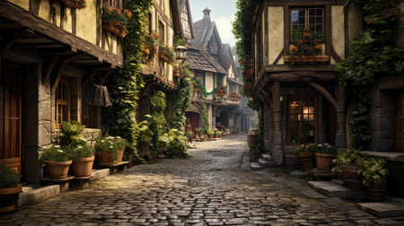 romance of a peaceful alley lined with vintage lanterns and overhanging treesの素材