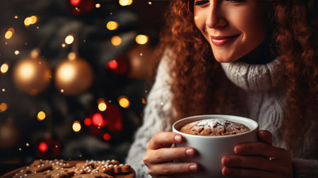 close-up of a young woman holding a steaming mug of hot chocolate and gingerbread cookies, a cozy scene to warm your heartの素材
