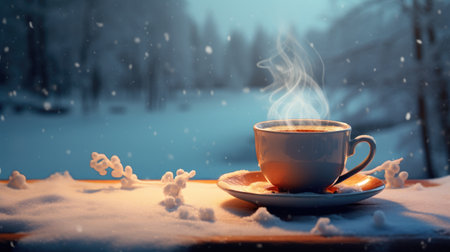 cold with a warming drink in your favorite mug against a serene snow-covered landscapeの素材