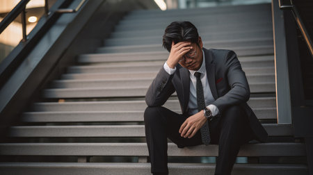 emotional turmoil of an upset businessman, seated on city stairs, holding his head, amidst a business setback.の素材