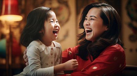 laughter and creativity as an Asian mother and daughter share quality time, constructing a bright future through play.の素材