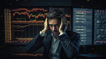 stressed businessman, overwhelmed by the crisis on the stock market, conveying the concept of financial investment turmoilの素材