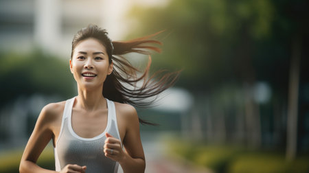 concept of a healthy, active lifestyle as a beautiful Asian woman engages in outdoor fitness activities like running, yoga, and jogging while staying hydrated and feeling relaxedの素材