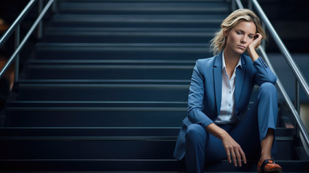 emotional turmoil of an upset young businesswoman sitting on the stairs, reflecting the concept of job loss and disappointment.の素材