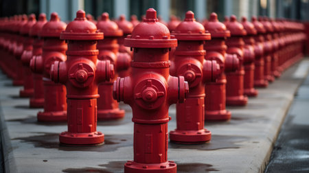city's first line of defense against fires with a row of iconic red fire hydrantsの素材