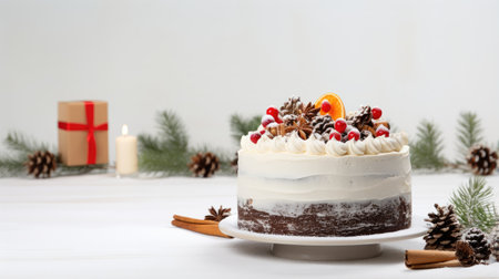 A mouthwatering flat lay composition featuring a traditional Christmas cake table. Irresistible holiday delight.の素材