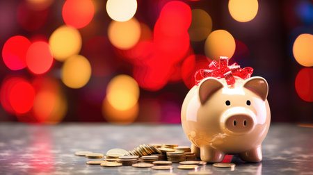Navigate the holiday expenses with financial finesse. A piggy bank adorned with a Santa hat on a table, against a backdrop of twinkling Christmas lights.の素材