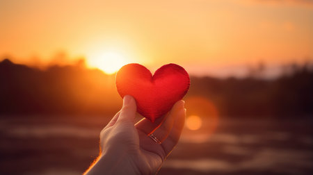 "Love's Radiance: Silhouette hand holds a red paper heart, symbolizing Valentine's Day romance under the setting sun."の素材