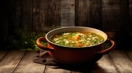 Delicious and nutritious: A homemade bowl of vegetable soup on the tableの素材