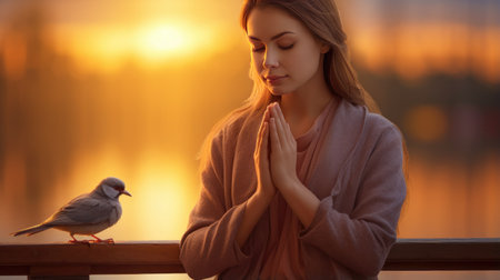 Connection with nature: A woman's hands in prayer, sharing a peaceful sunset with a bird.の素材