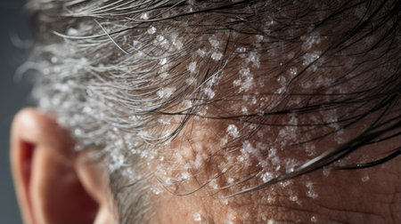 An up-close look at a man's hair and dandruff problem, illustrating the importance of dermatological care.の素材