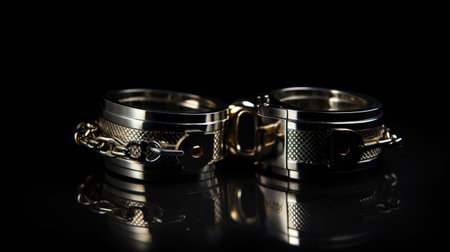 Handcuffs in focus on a dark background, a visual representation of the legal system and crime control.の素材