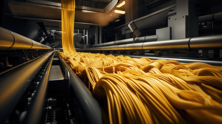 mesmerizing pasta production process with various pasta types gracefully moving along the conveyor belt, a culinary spectacle in motion.の素材