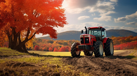 Rural beauty in autumn! Witness the red tractor's tireless work, tilling the land and sowing the seeds of the next harvest.の素材