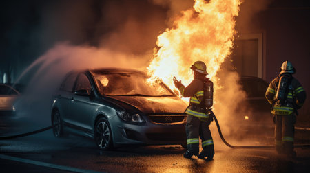 Urgent firefighting! A firefighter deploys an extinguisher to control a blazing car. Heroic efforts to combat a fiery car disasterの素材