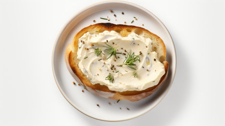 Morning indulgence! Showcase the tempting combination of bread and creamy cheese, top view on a white backdrop. Ideal for promoting delicious breakfast optionsの素材
