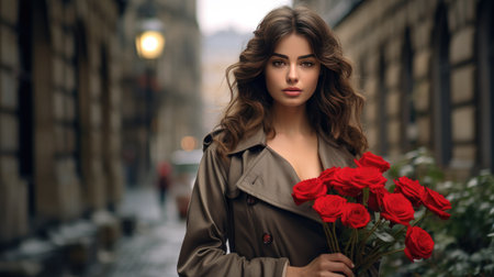 Elegance in the City: An elegant young lady, dressed in a trench coat and holding red roses,の素材
