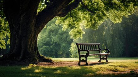 beauty of the park's natural landscape, complete with a wooden bench under a towering tree for your leisure