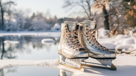 excitement of winter sports and outdoor fun by displaying a pair of ice skates against the backdrop of a pristine ice skating rinkの素材