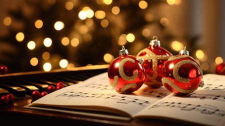 captivating visual by blending musical notes and Christmas balls, celebrating the harmony of music and the holiday season.の素材