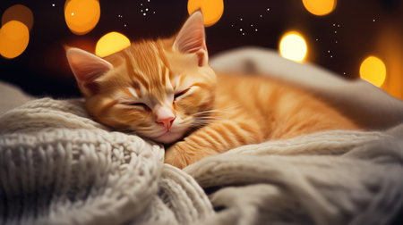 Embrace the cozy spirit of a winter day at home with a ginger newborn kitten in a festive Christmas outfit, taking a nap under a soft blanket.の素材