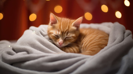 Embrace the cozy spirit of a winter day at home with a ginger newborn kitten in a festive Christmas outfit, taking a nap under a soft blanket.の素材