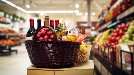 Festive Basket in a Wholesale Store: Get ready for the holiday rush as shoppers explore blurred shelves filled with groceries and goods.の素材