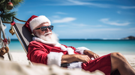 joy of Santa Claus on vacation at the seaside, basking in the sun and spreading holiday cheer by the beach.の素材