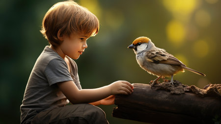 compassion and care of a young kid as he feeds birds, creating lasting childhood memories and a love for wildlifeの素材