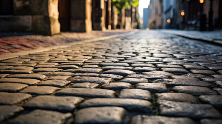 A picturesque stone pathway made of cobblestones and bricks, a testament to architectural heritage, creating a textured background for urban scenesの素材