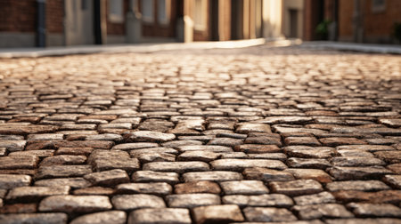 A picturesque stone pathway made of cobblestones and bricks, a testament to architectural heritage, creating a textured background for urban scenesの素材