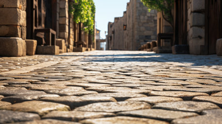 A picturesque stone pathway made of cobblestones and bricks, a testament to architectural heritage, creating a textured background for urban scenesの素材