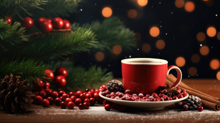 Indulge in the delightful aroma of this winter's favorite, a cup of coffee adorned with a Christmas tree decoration and candy. It's the perfect hot drink to elevate your festive moodの素材