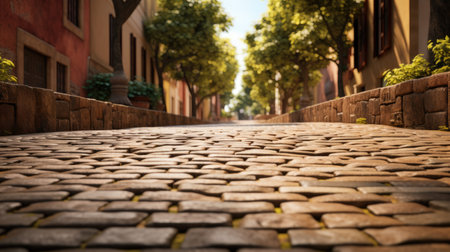A picturesque stone pathway made of cobblestones and bricks, a testament to architectural heritage, creating a textured background for urban scenesの素材