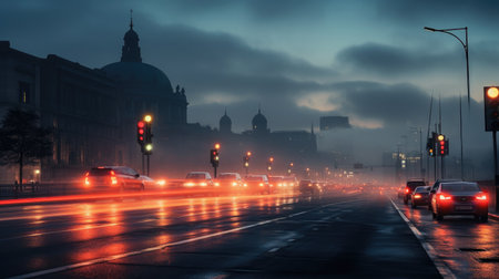 Amidst a foggy night's chaos, blurred traffic jams create mesmerizing trail lightsの素材