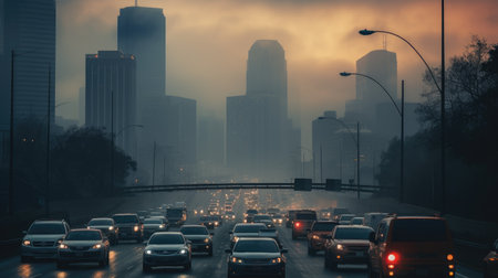 Amidst a foggy night's chaos, blurred traffic jams create mesmerizing trail lightsの素材