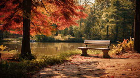 A wooden bench nestled in an autumn park, surrounded by vibrant foliage and peaceful serenityの素材