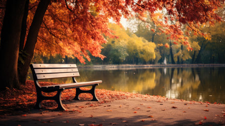 A wooden bench nestled in an autumn park, surrounded by vibrant foliage and peaceful serenityの素材