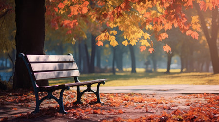 A wooden bench nestled in an autumn park, surrounded by vibrant foliage and peaceful serenityの素材