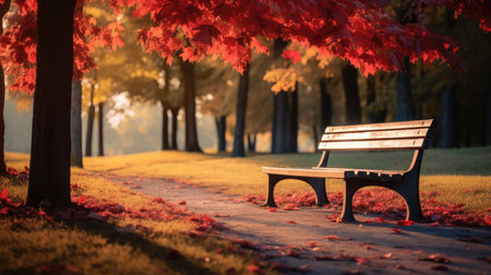 A wooden bench nestled in an autumn park, surrounded by vibrant foliage and peaceful serenityの素材