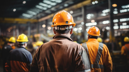 Factory teamwork: A group of workers in helmets and uniforms heads to their shift at an industrial enterpriseの素材