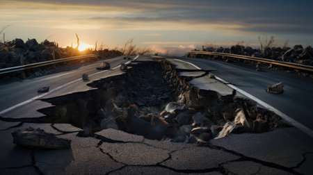 The road to chaos: A damaged highway reveals the perils of erosion and poor construction. Delve into the world of transportation troublesの素材
