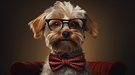 elegant image of a stylish dog in glasses and a bow tie, showing its formal and sophisticated side.の素材