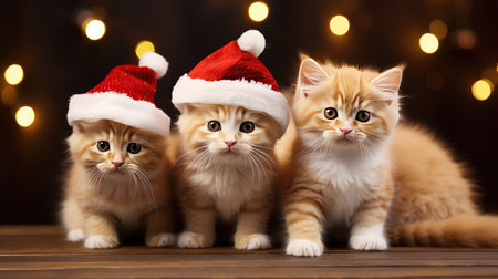joy of the season with festive feline friends donning Christmas hats, posingの素材